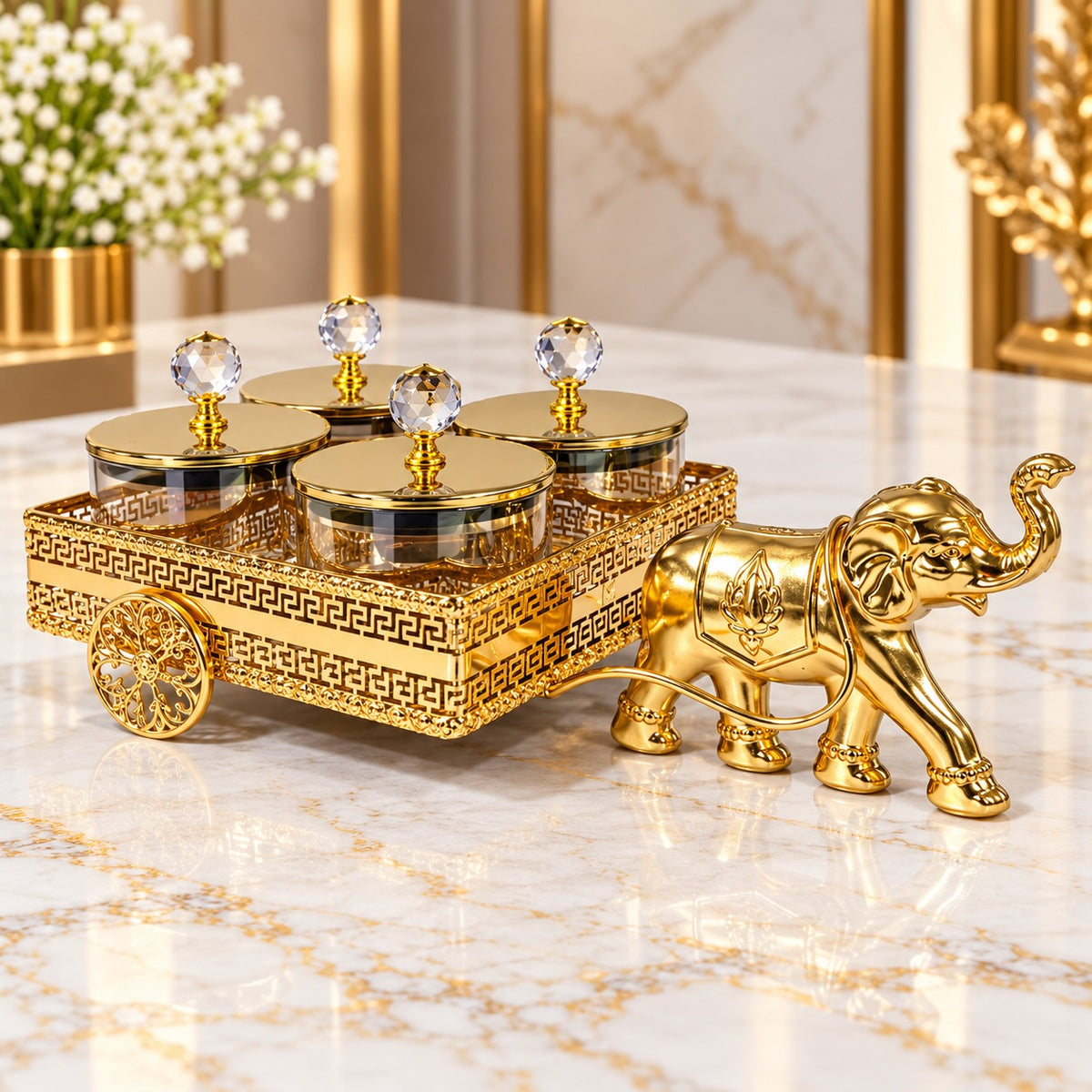 Luxury Golden Elephant Cart Dry Fruit & Serving Jar Set – 4 Jars with Crystal Knob Lids
