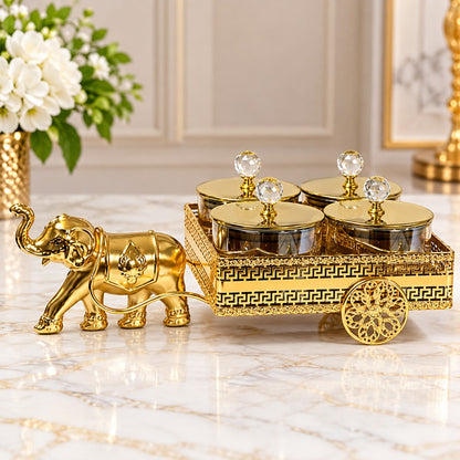 Luxury Golden Elephant Cart Dry Fruit & Serving Jar Set – 4 Jars with Crystal Knob Lids