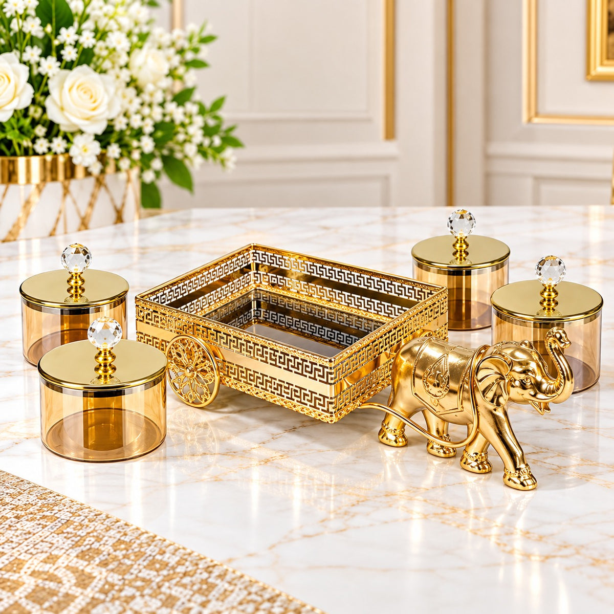 Luxury Golden Elephant Cart Dry Fruit & Serving Jar Set – 4 Jars with Crystal Knob Lids