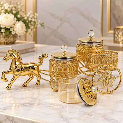 Luxury Golden Horse Cart Dry Fruit & Serving Jar Set – 3 Jars with Crystal Knob Lids