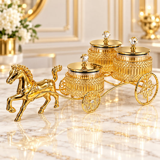 Luxury Golden Horse Cart Dry Fruit & Serving Jar Set – 3 Jars with Crystal Knob Lids