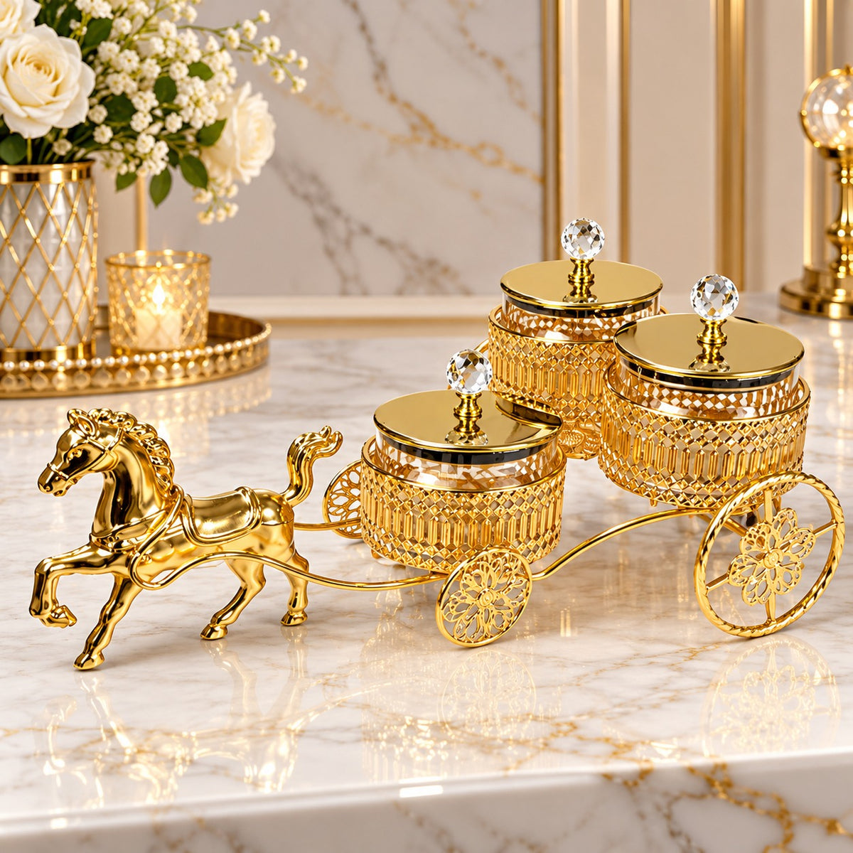 Luxury Golden Horse Cart Dry Fruit & Serving Jar Set – 3 Jars with Crystal Knob Lids