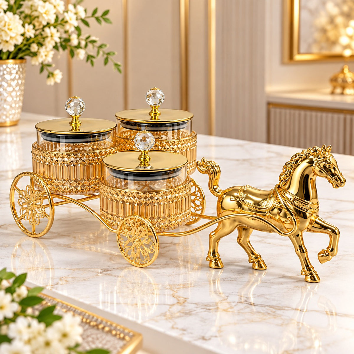 Luxury Golden Horse Cart Dry Fruit & Serving Jar Set – 3 Jars with Crystal Knob Lids