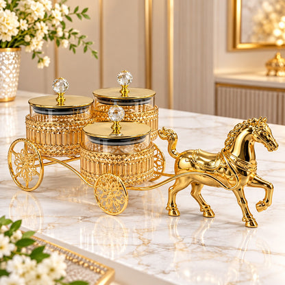 Luxury Golden Horse Cart Dry Fruit & Serving Jar Set – 3 Jars with Crystal Knob Lids