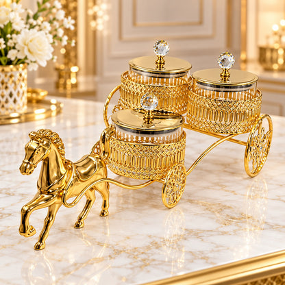 Luxury Golden Horse Cart Dry Fruit & Serving Jar Set – 3 Jars with Crystal Knob Lids