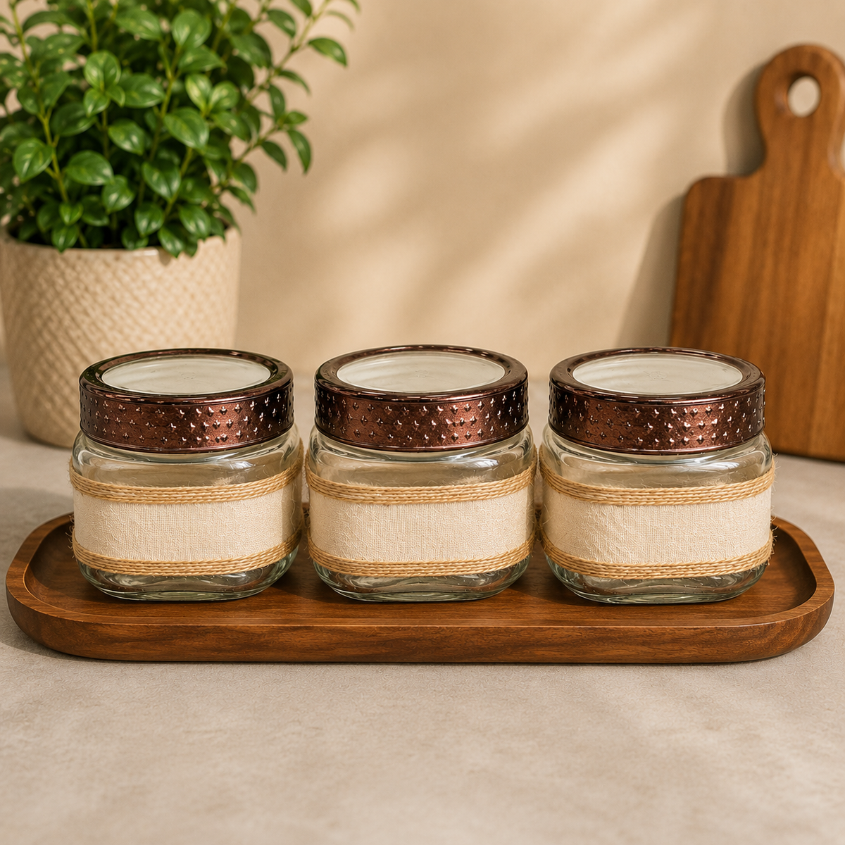 Premium Decorative Glass Jar Set of 3 (780 ML Each) | Multipurpose Kitchen Storage Jars with Designer Metal Lid | Airtight Glass Container Set for Dry Fruits, Spices, Cookies, Tea, Coffee & Home Décor