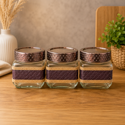 Premium Decorative Glass Jar Set of 3 (780 ML Each) | Designer Multipurpose Storage Jars with Metal Lid | Kitchen Containers for Dry Fruits, Tea, Coffee, Sugar, Cookies & Snacks