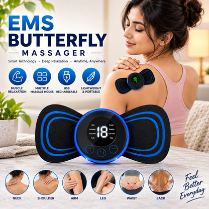 EMS Butterfly Electric Pulse Massager – USB Rechargeable Mini Muscle Relaxation Massager with Multiple Massage Modes for Neck, Shoulder, Back, Arms & Legs