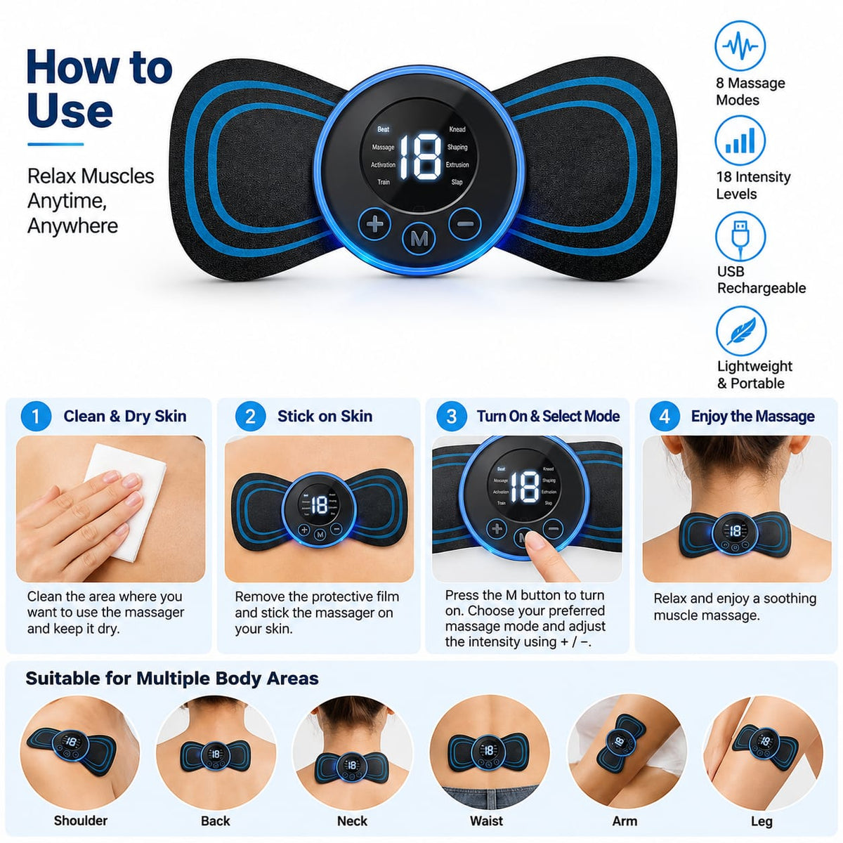 EMS Butterfly Electric Pulse Massager – USB Rechargeable Mini Muscle Relaxation Massager with Multiple Massage Modes for Neck, Shoulder, Back, Arms & Legs