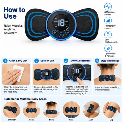 EMS Butterfly Electric Pulse Massager – USB Rechargeable Mini Muscle Relaxation Massager with Multiple Massage Modes for Neck, Shoulder, Back, Arms & Legs
