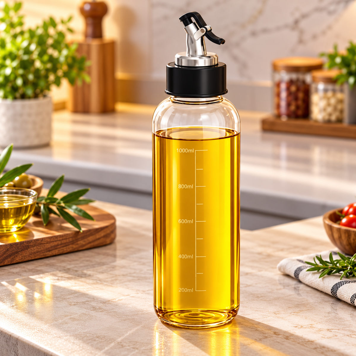 Premium 1000ml Glass Oil Dispenser Bottle with Stainless Steel Pouring Spout – Leak-Resistant Cooking Oil Bottle with Measurement Markings for Kitchen