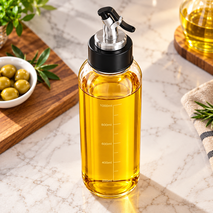 Premium 1000ml Glass Oil Dispenser Bottle with Stainless Steel Pouring Spout – Leak-Resistant Cooking Oil Bottle with Measurement Markings for Kitchen