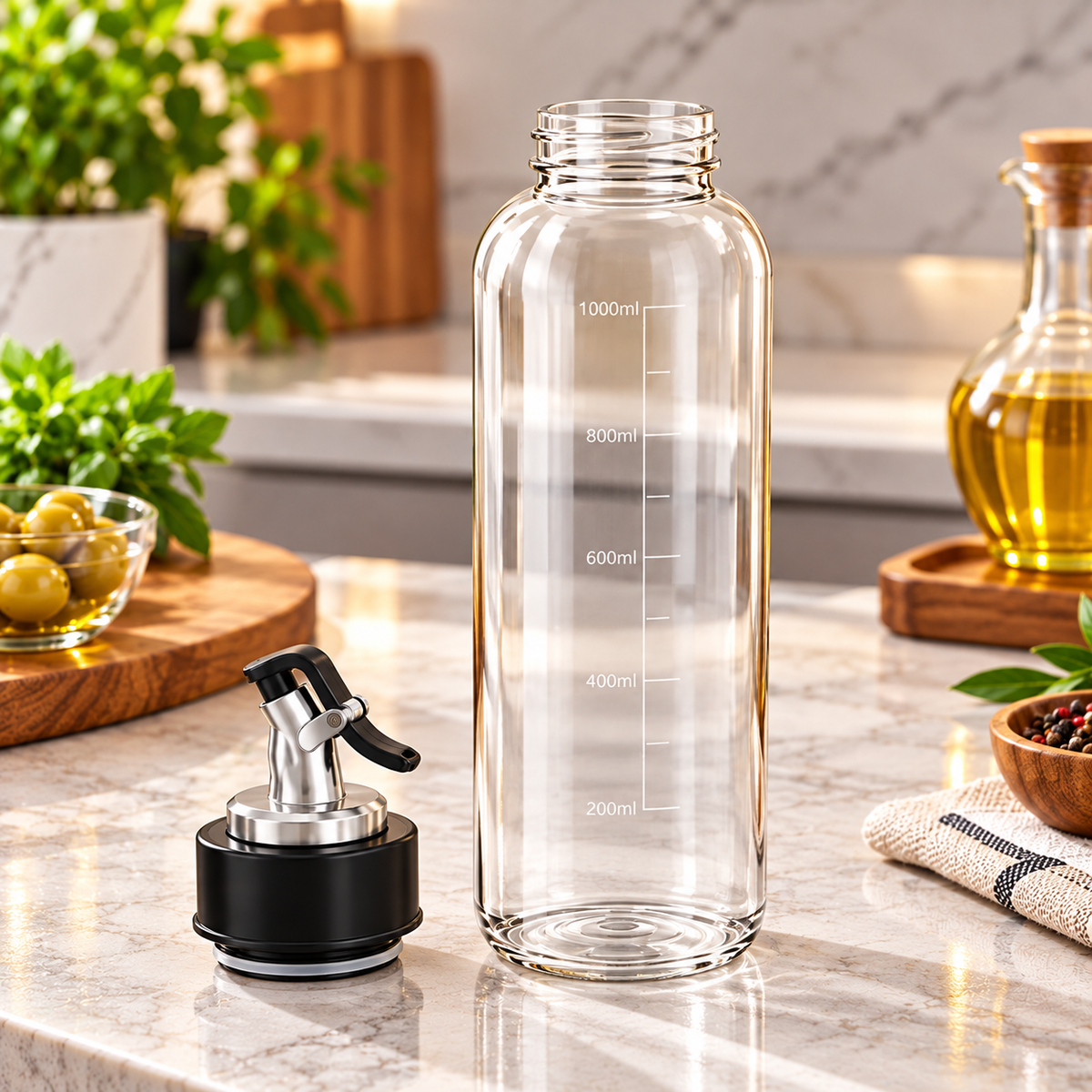 Premium 1000ml Glass Oil Dispenser Bottle with Stainless Steel Pouring Spout – Leak-Resistant Cooking Oil Bottle with Measurement Markings for Kitchen
