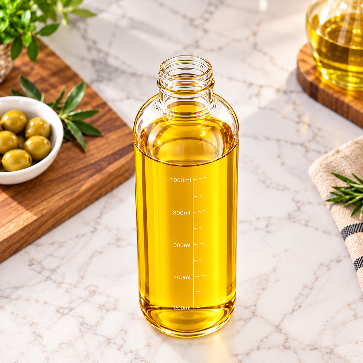Premium 1000ml Glass Oil Dispenser Bottle with Stainless Steel Pouring Spout – Leak-Resistant Cooking Oil Bottle with Measurement Markings for Kitchen