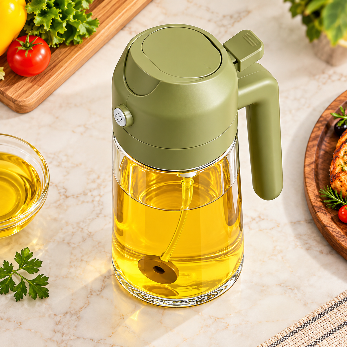Premium 2-in-1 Glass Oil Sprayer & Pourer Bottle with Handle – Multipurpose Cooking Oil Dispenser for Kitchen, BBQ & Salad Dressing