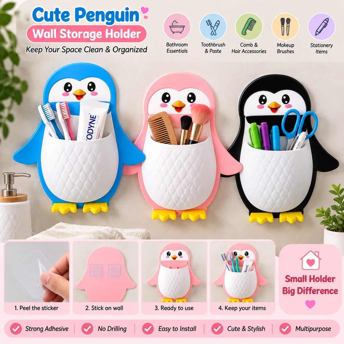 Cute Penguin Wall Mounted Multipurpose Storage Holder – Bathroom Toothbrush Organizer, Makeup Brush Holder & Stationery Storage Basket