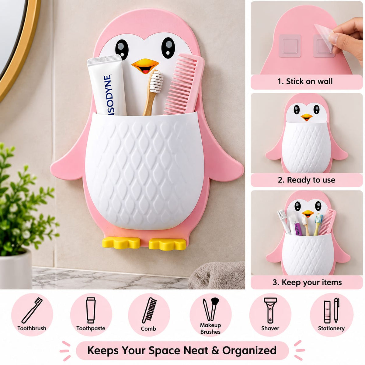 Cute Penguin Wall Mounted Multipurpose Storage Holder – Bathroom Toothbrush Organizer, Makeup Brush Holder & Stationery Storage Basket