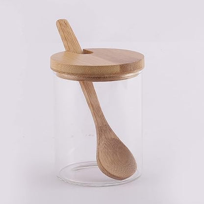 Cp Glass Triple Condiment Jar and Spoon with Wooden Stand (Spoon-13 * 3 * 0.4cm/Glass with lid-6.5 * 6.5 * 9.5cm/Stand- 24.5 * 8 * 4cm)