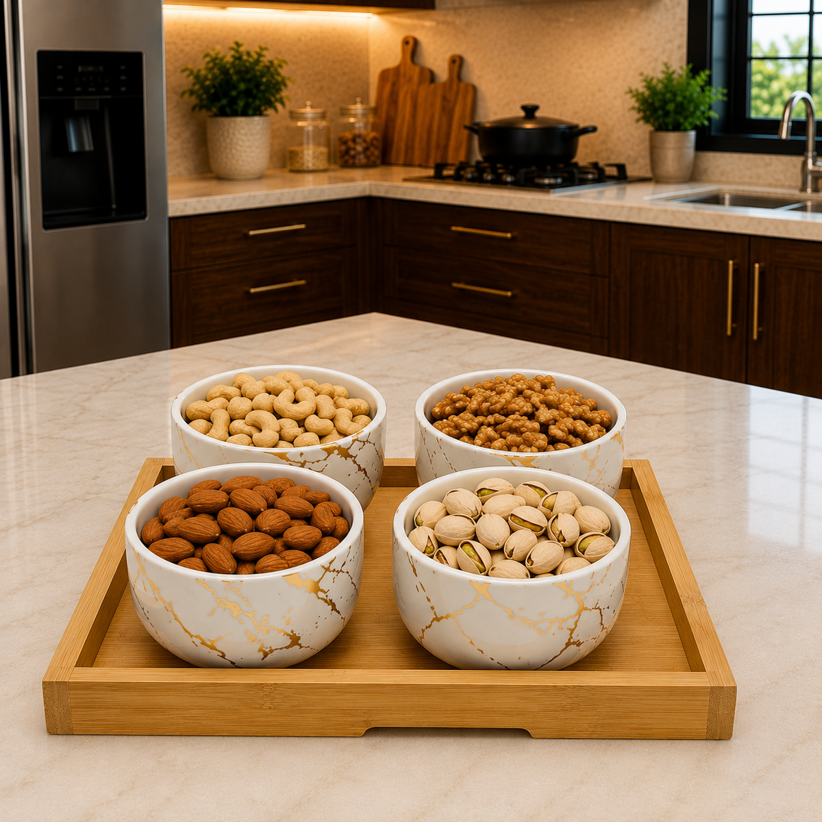 HENIGAR 5-Piece Porcelain Storage Container Set with Bamboo Tray & Lids (280ml Each)