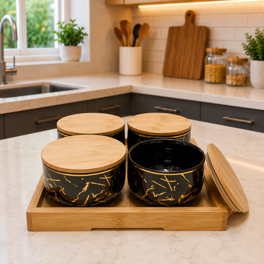 Henigar 5-Piece Porcelain Kitchen Storage Container Set with Bamboo Lids & Tray | 280ml Each | Black Marble Design Canisters for Tea, Coffee, Sugar & Spices