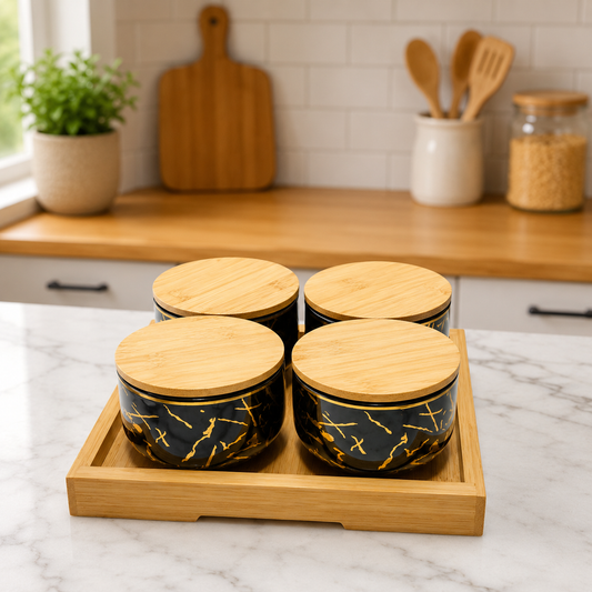 Henigar 5-Piece Porcelain Kitchen Storage Container Set with Bamboo Lids & Tray | 280ml Each | Black Marble Design Canisters for Tea, Coffee, Sugar & Spices