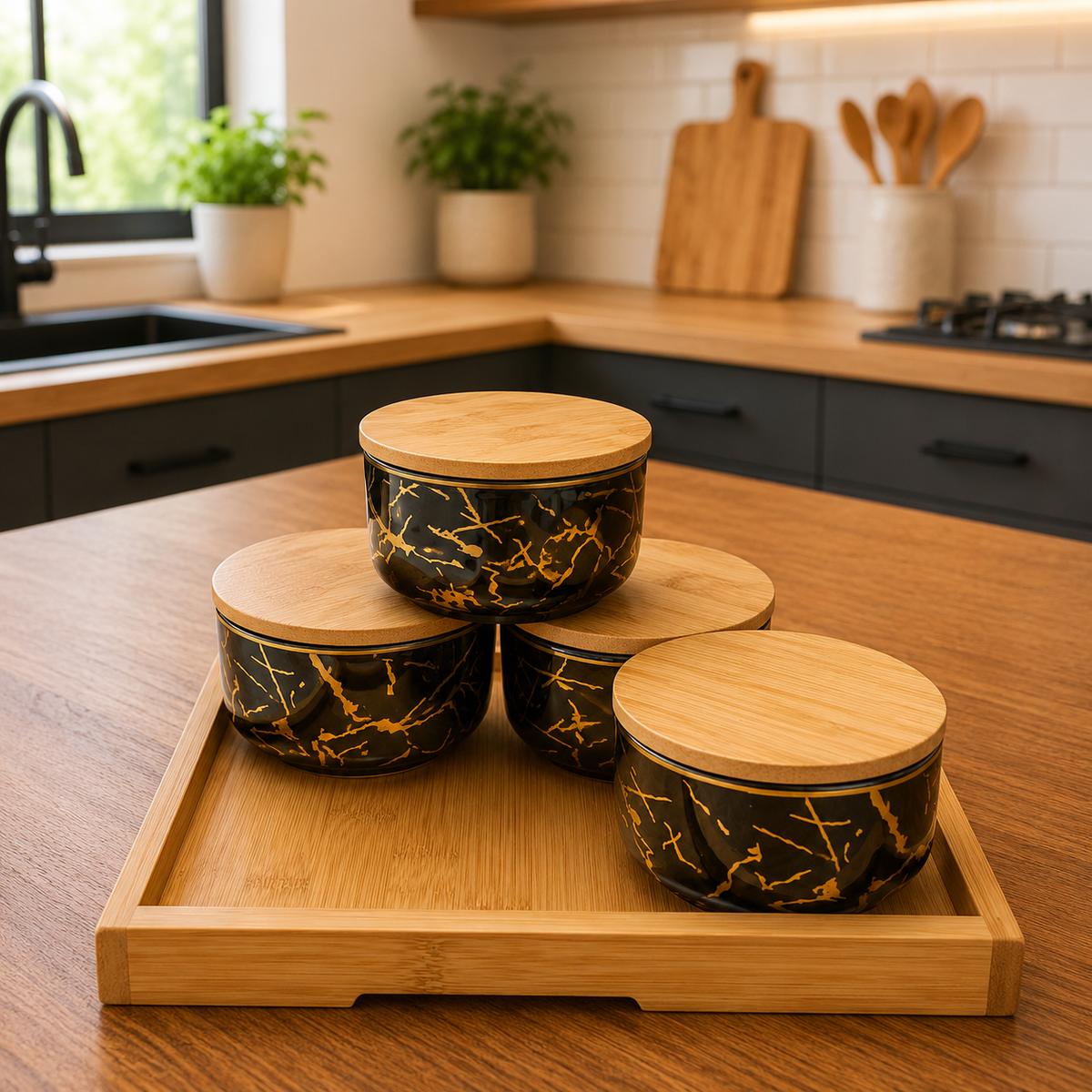 Henigar 5-Piece Porcelain Kitchen Storage Container Set with Bamboo Lids & Tray | 280ml Each | Black Marble Design Canisters for Tea, Coffee, Sugar & Spices