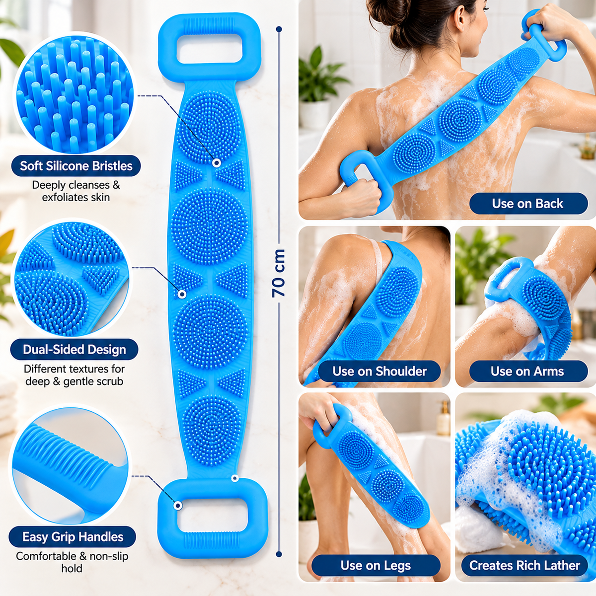 Premium Silicone Back & Body Scrubber with Dual Handles – Long Exfoliating Bath Brush for Shower, Body Massage & Deep Cleaning