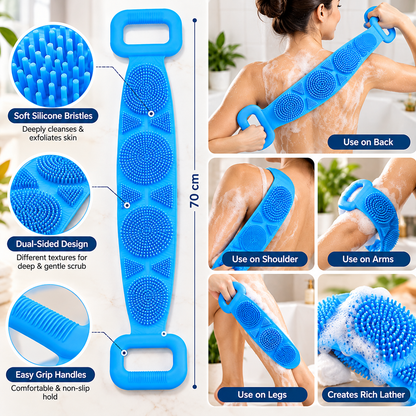 Premium Silicone Back & Body Scrubber with Dual Handles – Long Exfoliating Bath Brush for Shower, Body Massage & Deep Cleaning