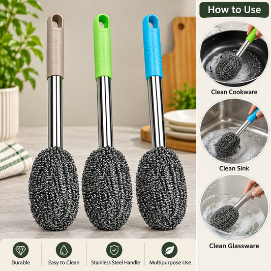 Multipurpose Steel Wool Cleaning Brush with Long Stainless Steel Handle – Heavy-Duty Kitchen Scrubber for Pots, Pans, Kadai & Utensils