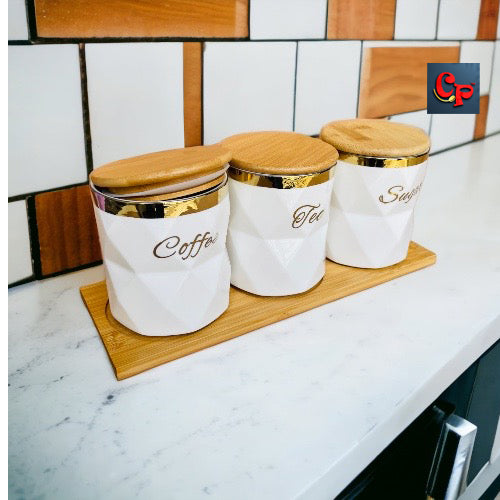 Ceramic Jar Set with Bamboo Tray & Lid (Set of 4pcs)
