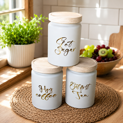 CP Tea Coffee Sugar Jar Set of 3 | Premium Borosilicate Glass Kitchen Storage Containers with Wooden Lid