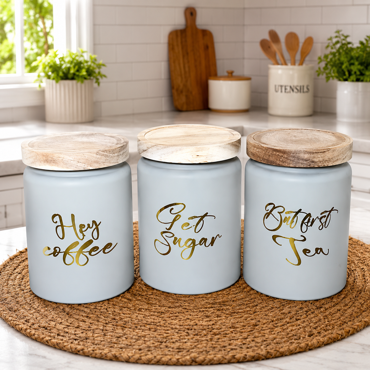 CP Tea Coffee Sugar Jar Set of 3 | Premium Borosilicate Glass Kitchen Storage Containers with Wooden Lid