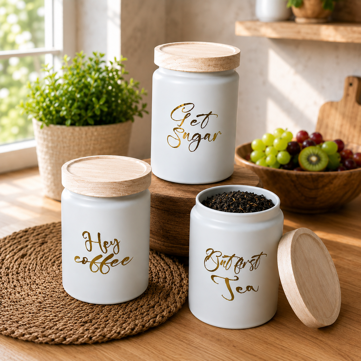 CP Tea Coffee Sugar Jar Set of 3 | Premium Borosilicate Glass Kitchen Storage Containers with Wooden Lid