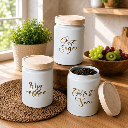 CP Tea Coffee Sugar Jar Set of 3 | Premium Borosilicate Glass Kitchen Storage Containers with Wooden Lid