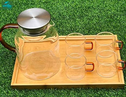 Cp Set of 6, Heat-Resistant Borosilicate Glass Kettle Drinking Water Tea Set with Amber Handle (1 teapot, 4 Cup, 1 Wooden Tray)