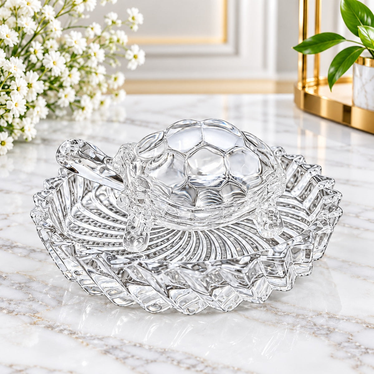 Luxury Turtle-Shaped Serving Bowl with Designer Round Tray – 2 Pc Decorative Serveware Set