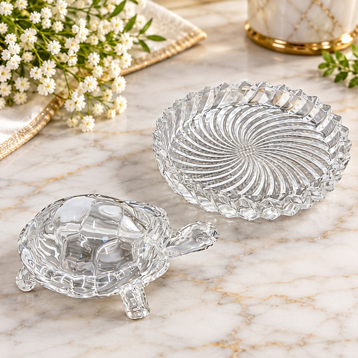Luxury Turtle-Shaped Serving Bowl with Designer Round Tray – 2 Pc Decorative Serveware Set