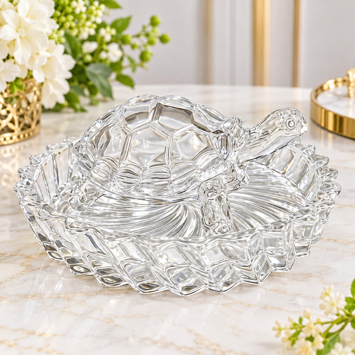 Luxury Turtle-Shaped Serving Bowl with Designer Round Tray – 2 Pc Decorative Serveware Set