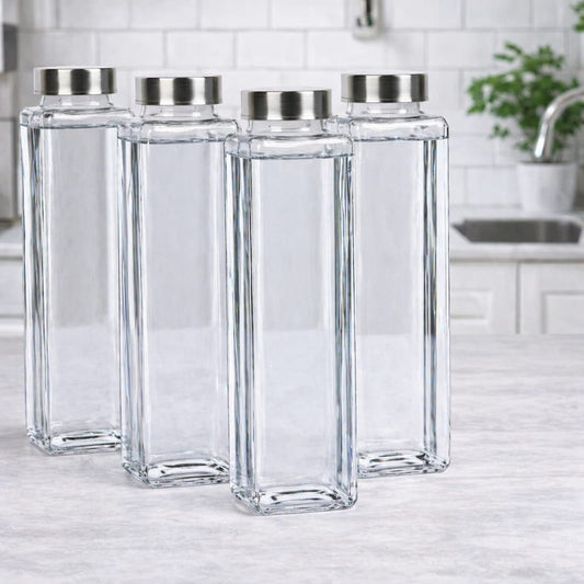 Premium Square Glass Water Bottle Set – 4 Pcs | Transparent Fridge Bottles with Stainless Steel Lids