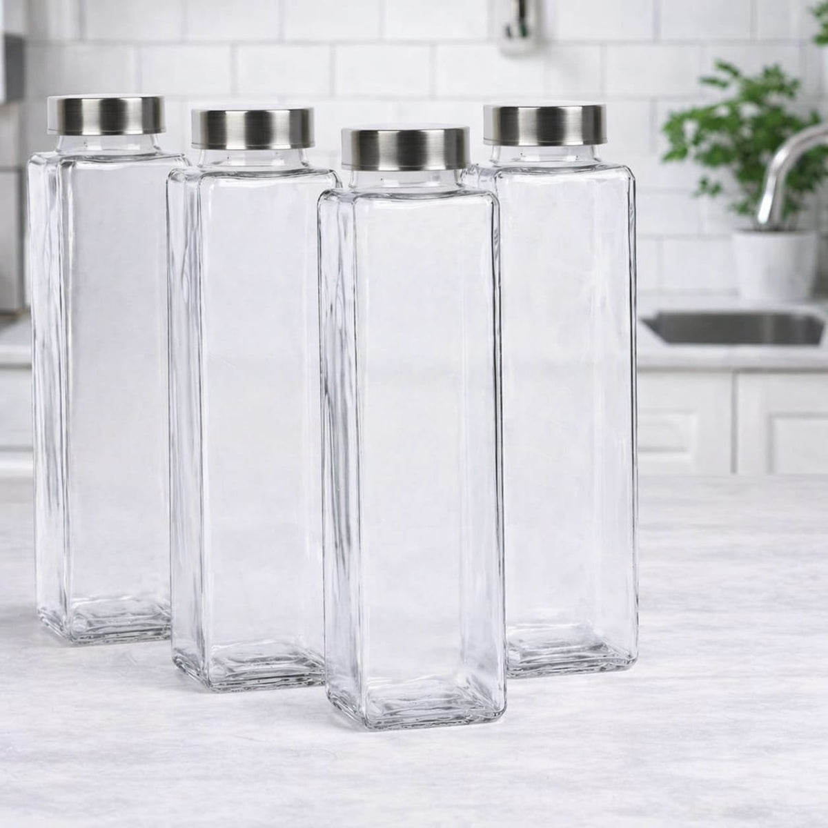 4 PCS Glass Water Bottle Set – 750ml Square Juice Bottles with Airtight Stainless Steel Lids | Reusable Leakproof Water Bottles for Juice, Smoothies, Detox Drinks, Milk & Cold Beverages