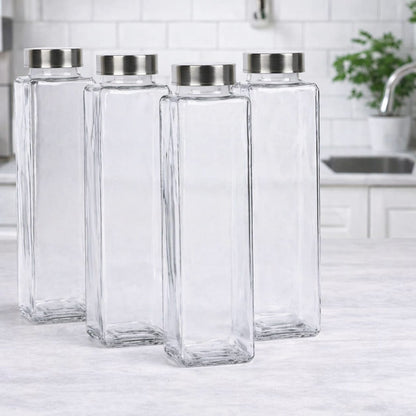 4 PCS Glass Water Bottle Set – 750ml Square Juice Bottles with Airtight Stainless Steel Lids | Reusable Leakproof Water Bottles for Juice, Smoothies, Detox Drinks, Milk & Cold Beverages