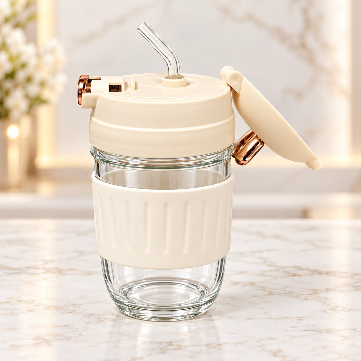 Cute Bunny Ear Sipper Bottle with Straw, Flip Lid & Protective Sleeve – Cream Travel Tumbler