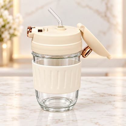 Cute Bunny Ear Sipper Bottle with Straw, Flip Lid & Protective Sleeve – Cream Travel Tumbler