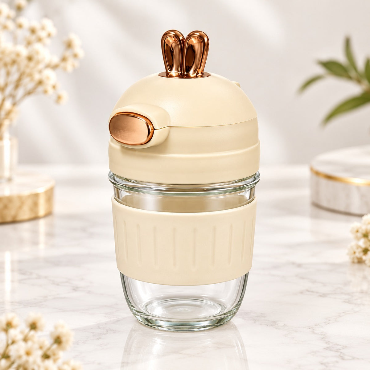 Cute Bunny Ear Sipper Bottle with Straw, Flip Lid & Protective Sleeve – Cream Travel Tumbler