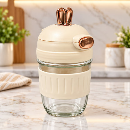 Cute Bunny Ear Sipper Bottle with Straw, Flip Lid & Protective Sleeve – Cream Travel Tumbler